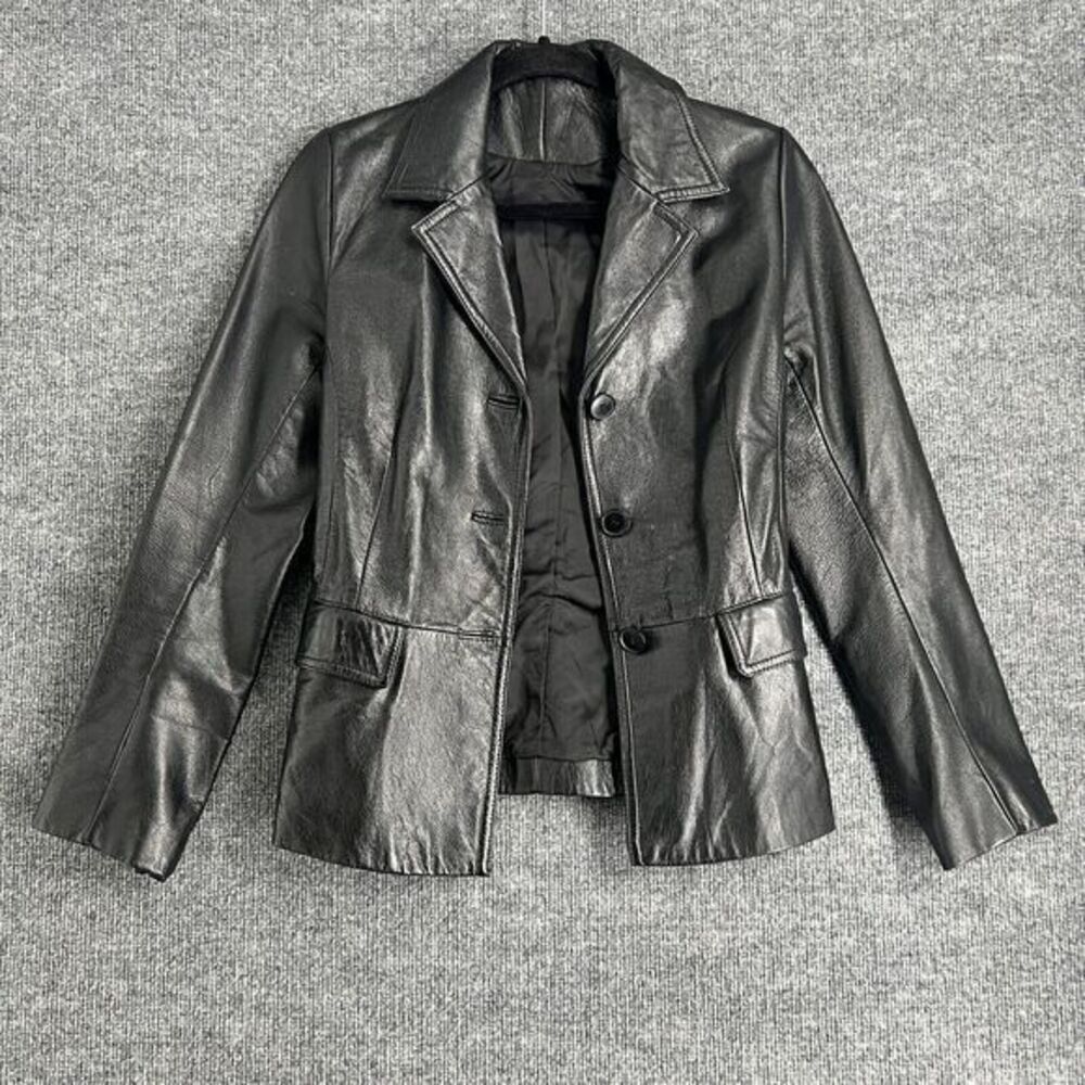 VTG Danier Leather Womens Jacket Blazer Size Small Black Lined 3-Button Pockets